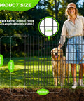 Woman standing with dog behind No Dig 10 Panel Decorative Garden Fence With Gate for Yard Patio and Flower Beds, 40in high.