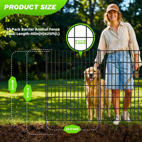 Woman standing with dog behind No Dig 10 Panel Decorative Garden Fence With Gate for Yard Patio and Flower Beds, 40in high.