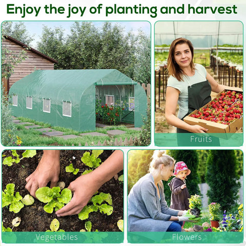 Walk In Backyard Greenhouse For Extended Growing Season 20 X 10 X 7 Feet Tunnel Style With Roll Up Windows Zippered Door PE Cover Heavy Duty Steel Frame Green