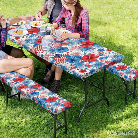 Floral Picnic Table And Bench Cover Set Windproof Dustproof And Washable Rectangle Tablecloths for outdoor use at a picnic