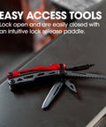 Locking Pocket Multi Tool 8 In 1 With Titanium Nitride Frame And Pliers Wire Cutters Sheepsfoot Blade Saw Awl Dual Bit Screwdriver Bottle Opener on table