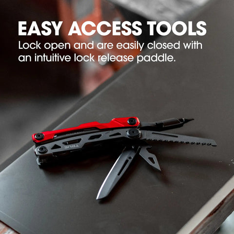 Locking Pocket Multi Tool 8 In 1 With Titanium Nitride Frame And Pliers Wire Cutters Sheepsfoot Blade Saw Awl Dual Bit Screwdriver Bottle Opener on table