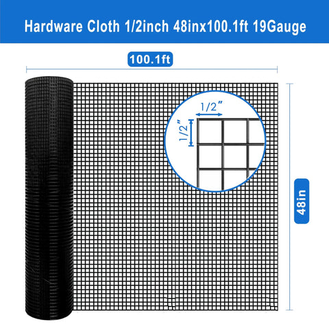 Tough As Nails Heavy Duty Black Vinyl Coated Hardware Cloth 1/2 Inch X 100 Feet 19 Gauge Steel Wire Mesh displayed in a roll.
