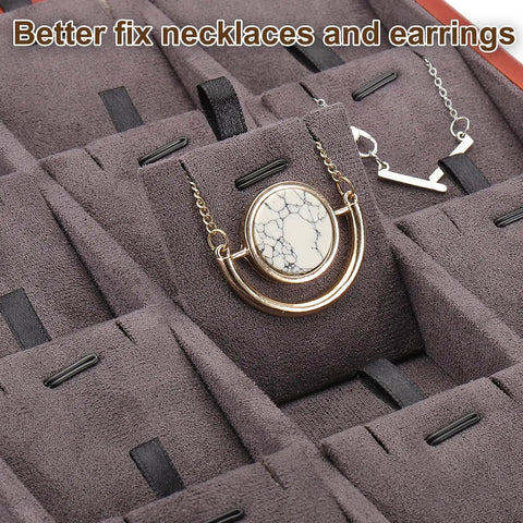 Top Tier Wooden Jewelry Organizer Tray With Plush Velvet Grids And Quick Swap Dividers For Earrings Necklaces And Pendants Keep Your Stash Sorted In This Slick Drawer Display Setup Gray with necklaces displayed in velvet slots.