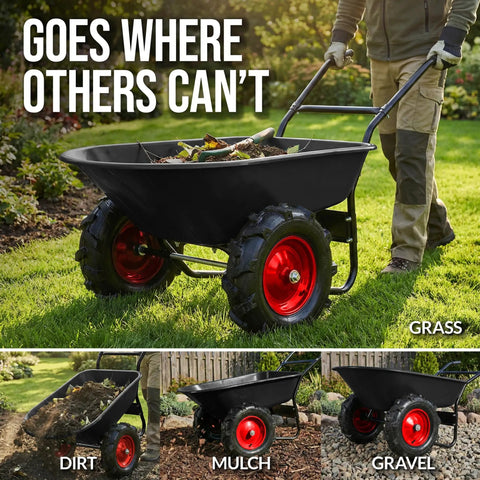 Heavy Duty Dual Wheel Workhorse Wheelbarrow Garden Cart With 500 Lb Capacity Extra Large Wheels Built In Stand for yard tasks