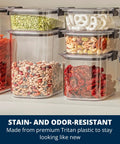 Straight Up 12 Cup Airtight Food Storage Container With Secure Snap Lid For Pantry Organization And Kitchen Cabinets Absolutely Leak Proof And Stackable Shape Keeps Dry Goods Fresh Way Longer Every Single Day, filled with pasta, beans, and snacks.
