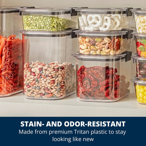 Straight Up 12 Cup Airtight Food Storage Container With Secure Snap Lid For Pantry Organization And Kitchen Cabinets Absolutely Leak Proof And Stackable Shape Keeps Dry Goods Fresh Way Longer Every Single Day, filled with pasta, beans, and snacks.