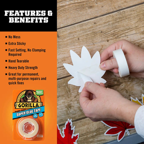 Hands using Heavy Duty Double Sided Glue Tape For Quick Fixes And Permanent Bonding, Multi Purpose Clear Tape on paper leaf.