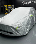 Badass Heavy Duty Weatherproof Car Cover For Tesla Model X Silver Microfiber Weave, snug fit over SUV in garage.