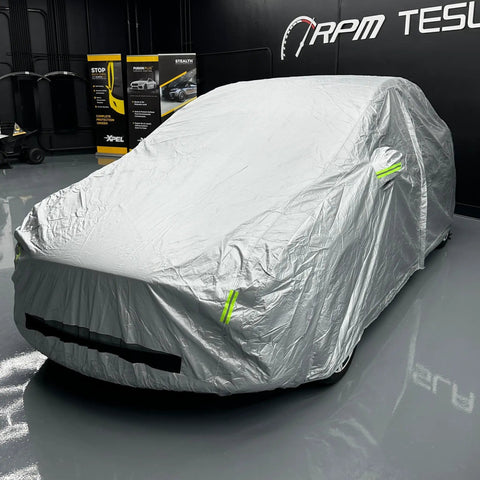 Badass Heavy Duty Weatherproof Car Cover For Tesla Model X Silver Microfiber Weave, snug fit over SUV in garage.