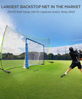 Backstop Net 20 Feet By 10 Feet For Lacrosse And Soccer Backyard Sports Barrier Netting on grass with player shooting
