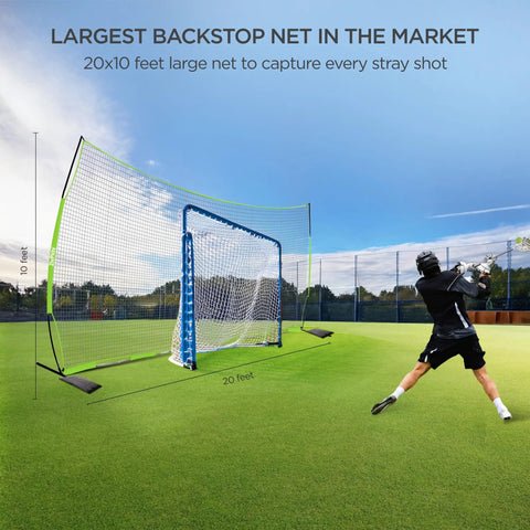 Backstop Net 20 Feet By 10 Feet For Lacrosse And Soccer Backyard Sports Barrier Netting on grass with player shooting