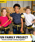 Children in work gloves smiling with tool belts, showcasing Kid Sized Work Gloves For Little Hands That Stay Safe And Comfortable With Durable Fabric For Everyday Projects, Mixed Color Design For Ages 3 And Up, Ideal For Small Hands And Beginner Builders At Home Or In The Shop. Tools not included.
