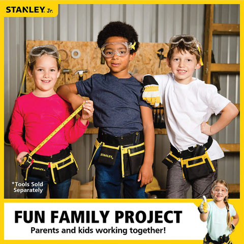 Children in work gloves smiling with tool belts, showcasing Kid Sized Work Gloves For Little Hands That Stay Safe And Comfortable With Durable Fabric For Everyday Projects, Mixed Color Design For Ages 3 And Up, Ideal For Small Hands And Beginner Builders At Home Or In The Shop. Tools not included.