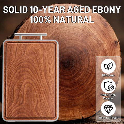 Two In One Titanium And Ebony Wood Cutting Board With Handle And Juice Groove, Double Sided Chopping Board featuring ebony pattern.