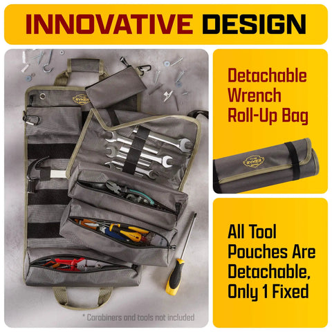 Pro Tool Bag Organizer Foldable Roll Up With Detachable Pouches Wrench Holder in heavy duty 1680D canvas displayed open