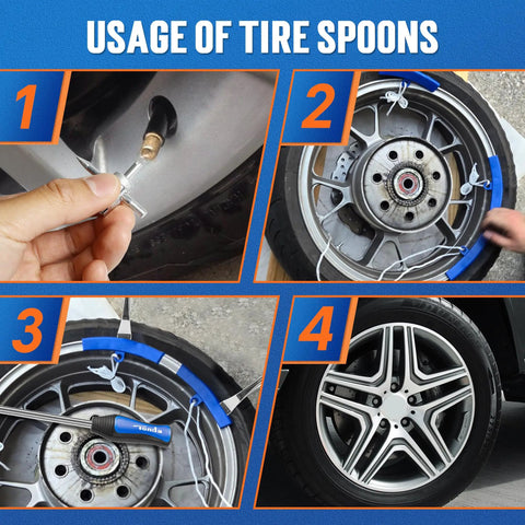 Usage of Must Have Motorcycle Tire Changing Kit Includes Three 14.5 Inch Heavy Duty Chrome Steel Tire Spoons.