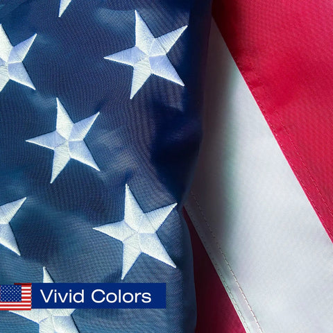 Close-up of USA Flag 2.5x4 Ft Pole Sleeve Banner Style With Embroidered Stars And Sewn Stripes Heavy Duty Durable Polyester for outdoor. 
