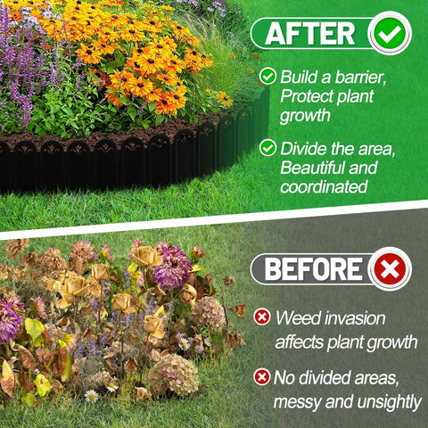 Thickened Sturdy Garden Edging 15Ft Raised 4.3 Inch Plastic Flower Bed Border showing before and after installation impact