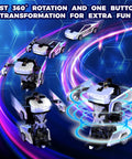 RC Transforming Cyber Pickup Truck And Robot Toy For Kids in car and robot modes showcasing 360 degree rotation with LED effects.