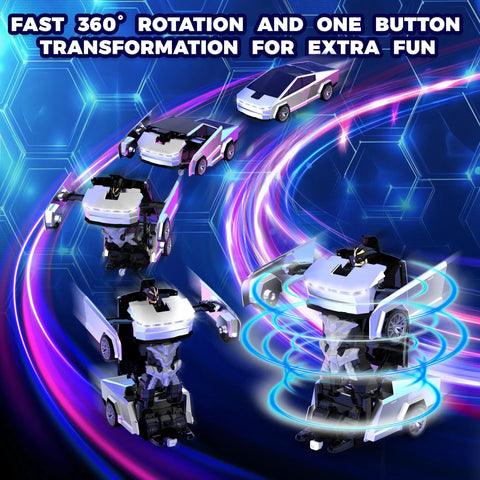 RC Transforming Cyber Pickup Truck And Robot Toy For Kids in car and robot modes showcasing 360 degree rotation with LED effects.