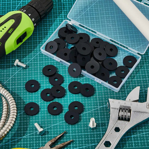 Heavy Duty Rubber Washers 50 Pieces Set Flat Washers SBR 1 Inch Outer Diameter shown in toolbox on workbench