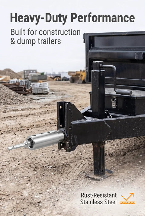 Beefy Stainless Steel Trailer Jack Drill Adapter Replaces Broken Handles Fast With One Inch Drive Shaft And Half Inch Socket Bit Ideal For Rv Campers attached to a construction trailer.