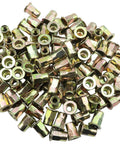 Top Shelf Carbon Steel Rivet Nuts M6 Thread Inserts Half Hex Nutsert Assortment Kit 60 Pieces Zinc Plated Yellow in various angles.