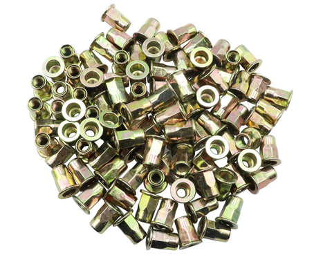 Top Shelf Carbon Steel Rivet Nuts M6 Thread Inserts Half Hex Nutsert Assortment Kit 60 Pieces Zinc Plated Yellow in various angles.