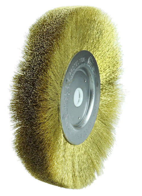6 Inch Narrow Face Crimped Wire Wheel With Brass Fill For Light To Medium Cleaning And Deburring Of Soft Nonferrous Parts, 5/8 To 1/2 Inch Arbor, Pack Of 2, Made In USA