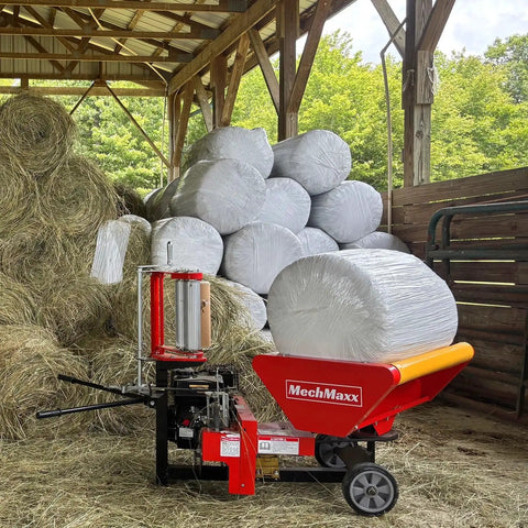 Hay Baler And Wrapper Combo HB3120 HW20 for farms in barn with wrapped round bales, featuring hydraulic bale ejection.