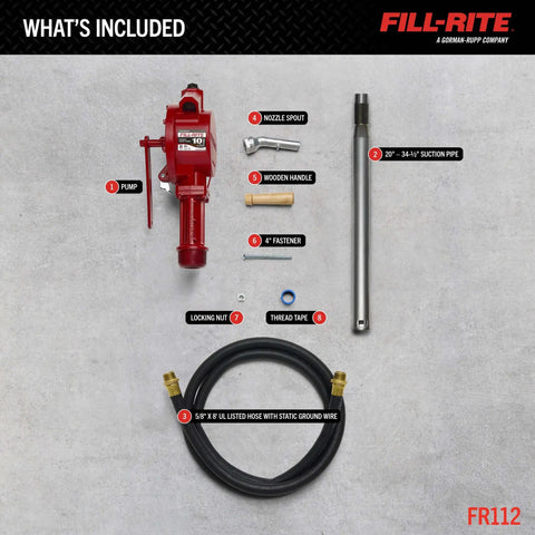 Manual Fuel Transfer Rotary Hand Pump With Reversible Flow No Power Needed, Grab-and-Go Portable Tool For Fueling Or Draining Vehicle Tanks, Discharge Hose, Straight Spout, Vacuum Breaker, Suction Pipe, Theft Prevention Design. kit parts laid out
