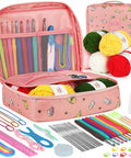 No-Brainer Crochet Starter Kit For Beginners With Ergonomic Hooks And 59-Piece Yarn Bundle All-In-One Set in pink storage bag