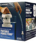 WaterBuster Portable Submersible Pump, Battery Powered, 200 GPH, 42-Inch Hose, product packaging with pump image.