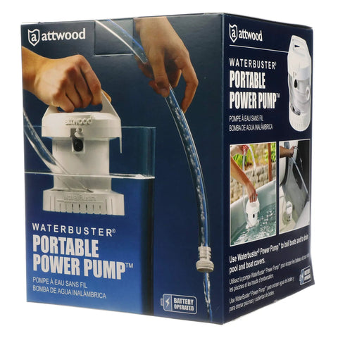WaterBuster Portable Submersible Pump, Battery Powered, 200 GPH, 42-Inch Hose, product packaging with pump image.