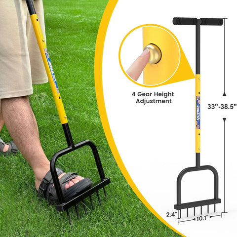 Spike Lawn Aerator With Six 2.4 Inch Tines in use on grass, showing height adjustment and steel construction for aeration tool.