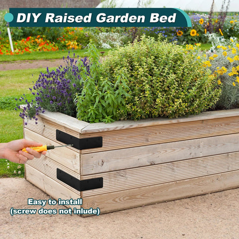 Corner braces for wood, 4x4x2in black L-brackets; two installed on a wooden raised garden bed.