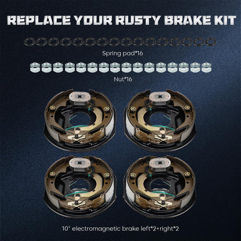 Four Youxmoto 10x2-1/4 trailer electric brake assemblies (2 right-hand, 2 left-hand) with mounting hardware.