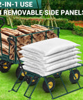 Heavy Duty Steel Garden Cart With 550 Pound Capacity loaded with logs and bags, green metal with removable sides, in garden setting.