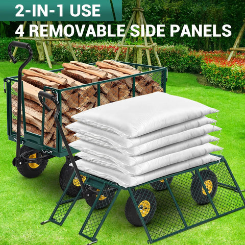 Heavy Duty Steel Garden Cart With 550 Pound Capacity loaded with logs and bags, green metal with removable sides, in garden setting.