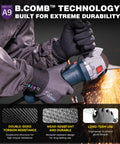 ANSI A9 Cut Resistant Work Gloves With BCOMB Breathable Grippy Fabric holding a grinder with sparks, showing non slip grip.