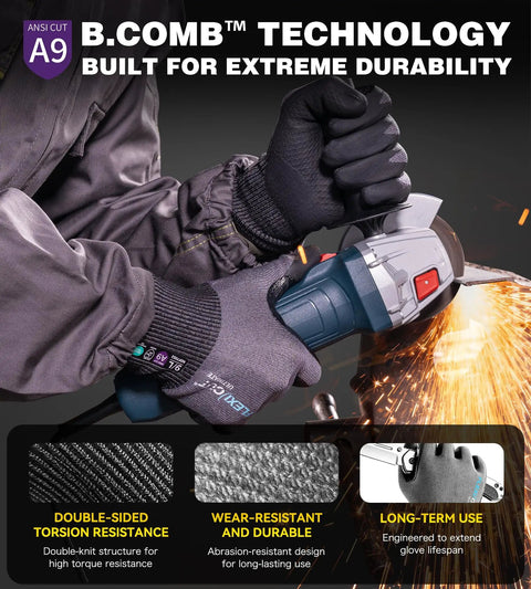 ANSI A9 Cut Resistant Work Gloves With BCOMB Breathable Grippy Fabric holding a grinder with sparks, showing non slip grip.