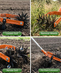 Rotary Cultivator With Long Handle And Adjustable Stainless Steel Pole 2 In 1 Hand Tiller in use for soil loosing, weeding, aerating, and reseeding