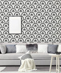 Black geometric peel and stick wallpaper for bedroom accent walls, 17.52in x 196.85in, removable vinyl contact paper.