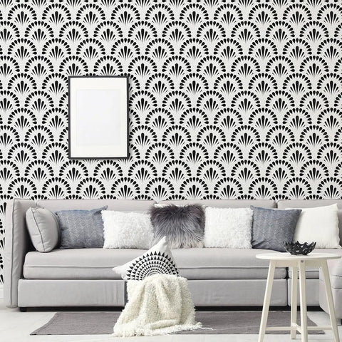 Black geometric peel and stick wallpaper for bedroom accent walls, 17.52in x 196.85in, removable vinyl contact paper.