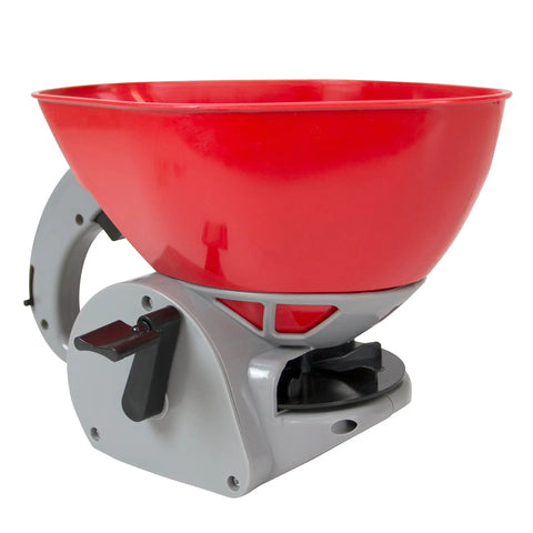 Hand Crank Turf Spreader With Thumb Control Gate, 1.6-Liter Red Poly Hopper, Walk-Behind Lawn Spreader Front View