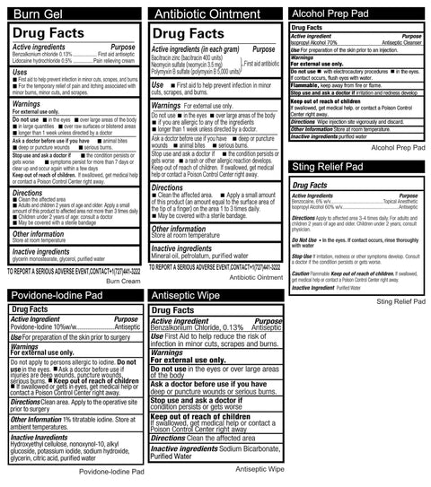 Drug facts labels for 420 Piece Pro First Aid Kit in a Sturdy Hard Case with Premium Medical Supplies for Travel Home Office Vehicle Camping Workplace and Outdoor Adventures.