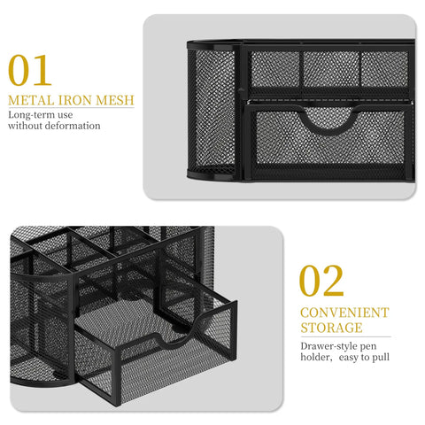 Mesh Desk Organizer With Drawers, 9 Compartments Pencil Holder For Desk, Go To Office Accessory in black mesh, close-up view