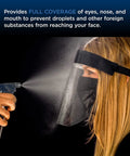 Black Full Face Shields Case Of 200 Anti Fog PET Plastic Protection shown worn, side view with spray demonstrating droplet guard.