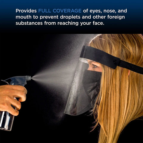 Black Full Face Shields Case Of 200 Anti Fog PET Plastic Protection shown worn, side view with spray demonstrating droplet guard.